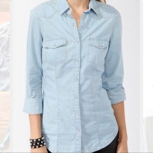 Pearl Embellished Denim Button Up Shirt Chambray